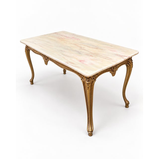 Beige Louis XV Style Coffee Table in Gilt Bronze with Veined Marble Top, 1950s For Sale - Image 8 of 8
