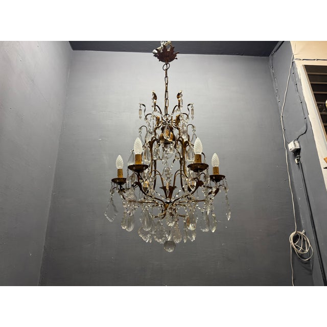 Large Gilded Florentine Tole and Crystal Chandelier, 1950s For Sale - Image 6 of 12