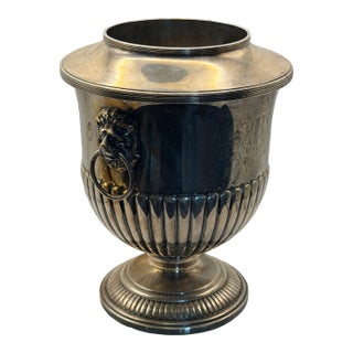 Vintage Silver Plate Lion Handle Ice Bucket / Champagne Cooler – Neoclassical Urn Form Barware For Sale