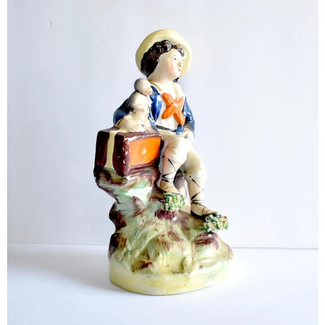 Victorian Antique Mid-19th-Century Staffordshire Figurine of a Boy, Monkey, and Organ Grinder For Sale - Image 3 of 13