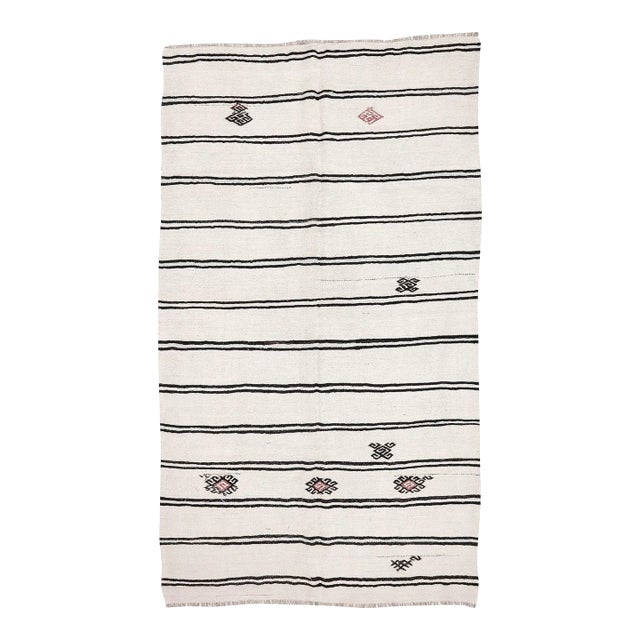 Mid 20th Century Mid 20th Century White & Black Vintage Hemp Kilim For Sale