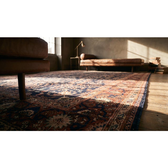 1930s Blue Navy Floral Antique Persian Sarouk Farahan Carpet 8'8" X 12'8" Woven Wool Rug For Sale - Image 11 of 12