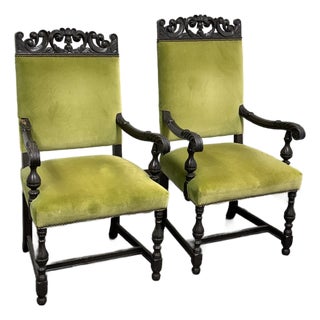 Antique Carved Wood Couples Armchairs, Pair For Sale