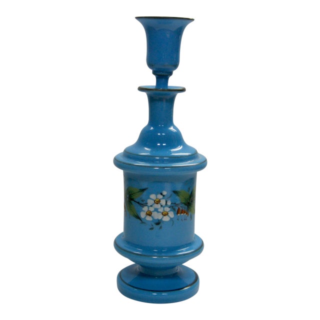 Antique French Hand Painted Blue Opaline Decanter For Sale