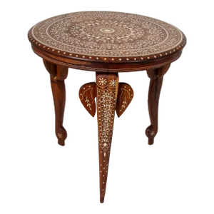 19th C. Anglo Indian Mughal Teak Bone Inlaid Round Side Table