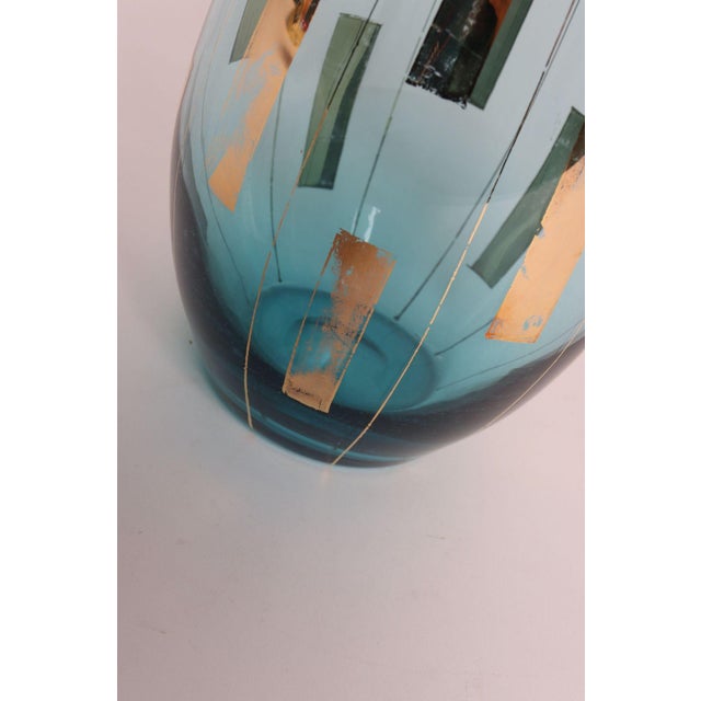 Vintage Hungarian Hand Blown Blue Crystal Glass Pitcher With Gold Leaf Accents For Sale - Image 13 of 15