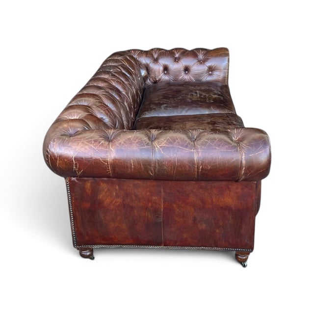Restoration Hardware Chesterfield Cognac Leather Sofa With Brass Nailhead & Casters For Sale - Image 15 of 16