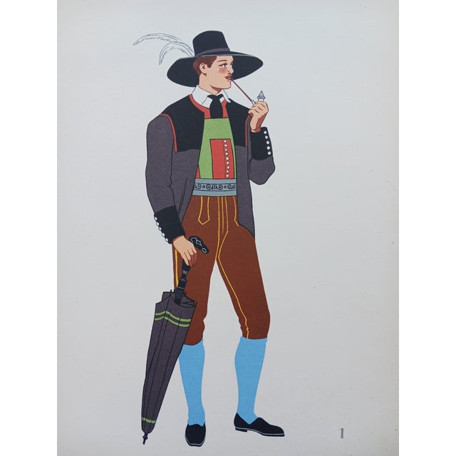 Vintage Austrian Male Folk Costumes Chromolithographs Porchoir Prints Collectible 1939. From the highly collectible set of...