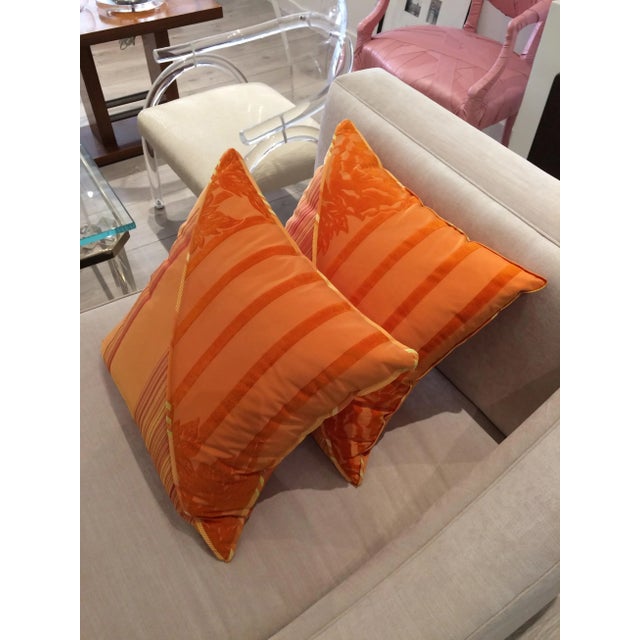 DWM | MALOOS Dia Orange Flocked Pillows - A Pair For Sale - Image 4 of 10