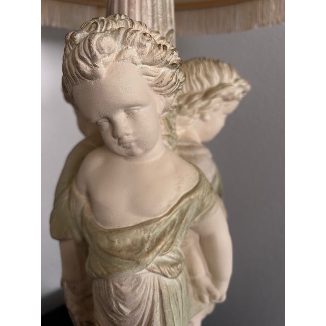 Rococo 1990s Pacific Coast Lighting Neoclassical Cherub Table Lamp With Fringed Shade For Sale - Image 3 of 10