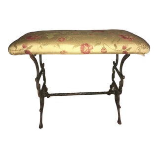 Upholstered Vintage Wrought Iron Vanity Bench For Sale