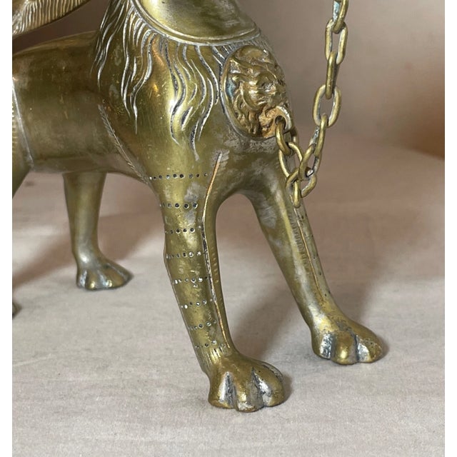Metal Antique 1800's Bronze Brass Aquamanile Lion Oil Lamp Lighter Temple Lion Statue For Sale - Image 7 of 14