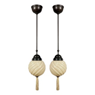 Art Deco Opaline Glass and Burnished Brass Pendants, Germany 1930s, Set of 2 For Sale