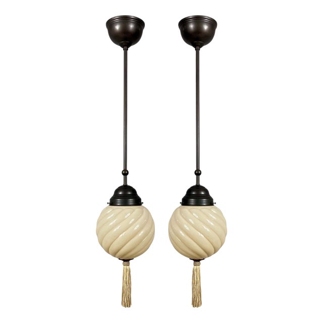 Art Deco Opaline Glass and Burnished Brass Pendants, Germany 1930s, Set of 2 For Sale