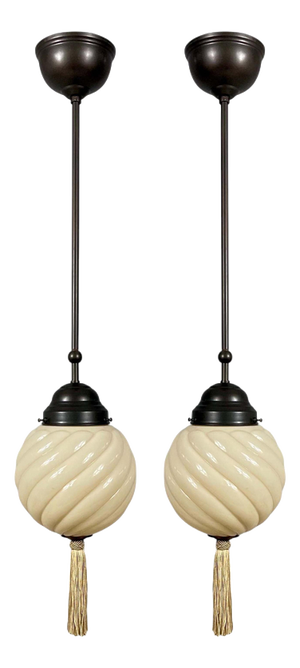 Art Deco Opaline Glass and Burnished Brass Pendants, Germany 1930s, Set of 2