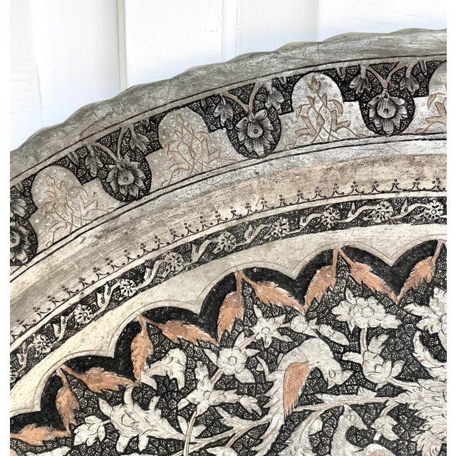 Moroccan Vintage Islamic Moroccan 34" Engraved Silver Copper Tray Table Top For Sale - Image 3 of 10