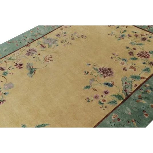 Rug & Kilim Rug & Kilim Chinese Deco style Rug with Teal Border, Gold Field & Florals - 8'x10' For Sale - Image 4 of 7