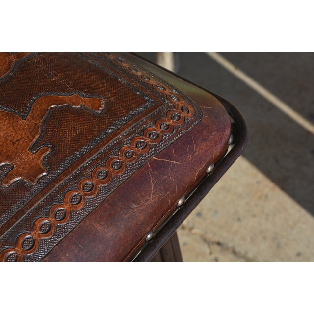 1990s Williston Forge Brown Leather & Black Iron Cowboy Horse Embossed Bar Counter Stools With Foot Rest - Set of 2 For Sale - Image 11 of 12