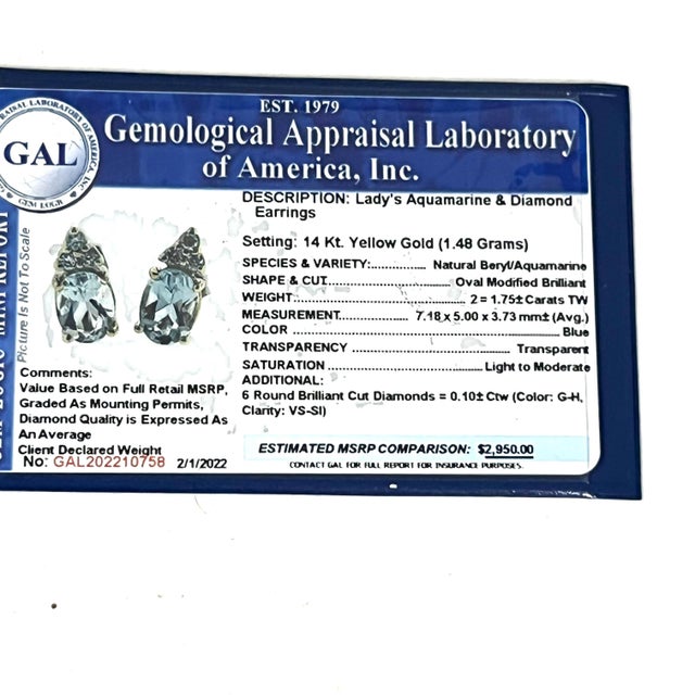 Natural Aquamarine Diamond Earrings 14k Y Gold 1.85 TCW Certified For Sale - Image 13 of 13