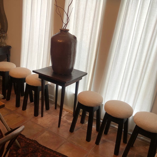 1930s English Pub Stools With Linen Upholstery - Set 3 For Sale - Image 9 of 10