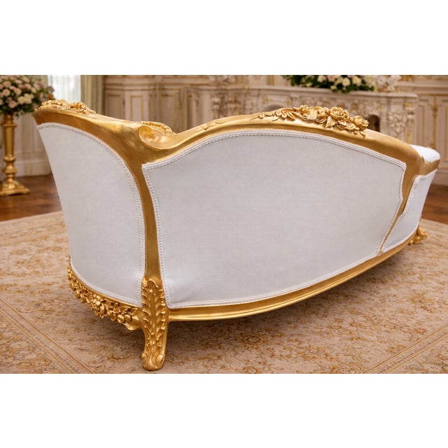 Wood 1970s French Louis XVI Gold Beech White Leather Chaise For Sale - Image 7 of 9