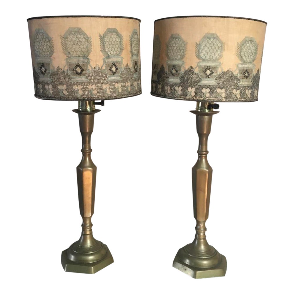 Victorian Half Round Candlestick Table Lamps With Embroidered