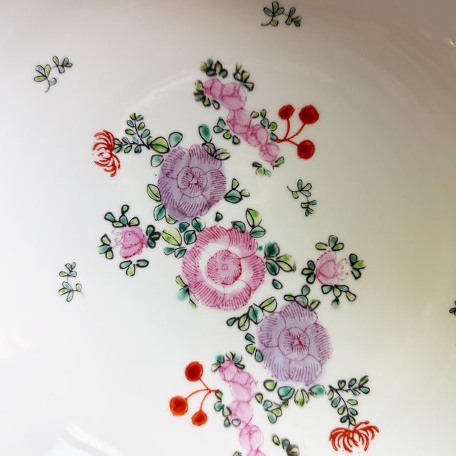 Chinoiserie Large Vintage Chinese Famille Rose Pink Floral Hand-Painted Porcelain Bowl For Sale - Image 3 of 11