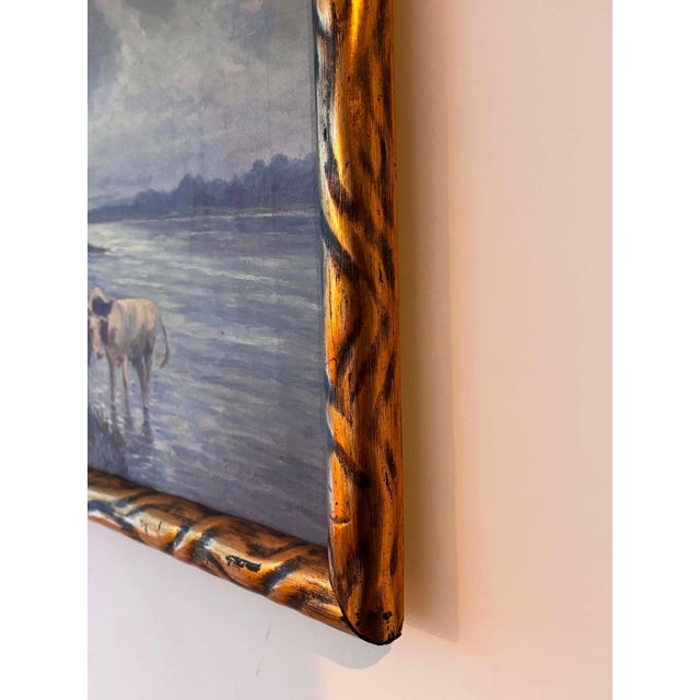 Pastoral Landscape with Cows by the Water, 20th Century, Oil on Canvas For Sale - Image 4 of 9
