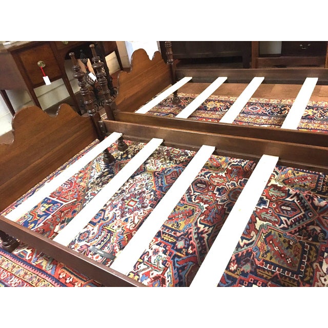Pair American Sheraton Mahogany Twin Beds With Fancy Scalloping & Turned Posts For Sale - Image 9 of 11