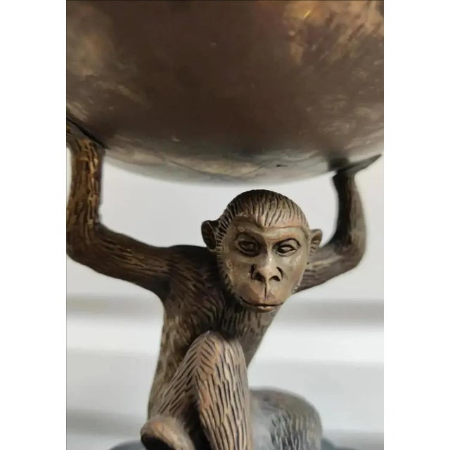 Late 20th Century Vintage Ornate Tall Fluted Scalloped Brass Candle Torchières With Monkey - A Pair For Sale - Image 5 of 8