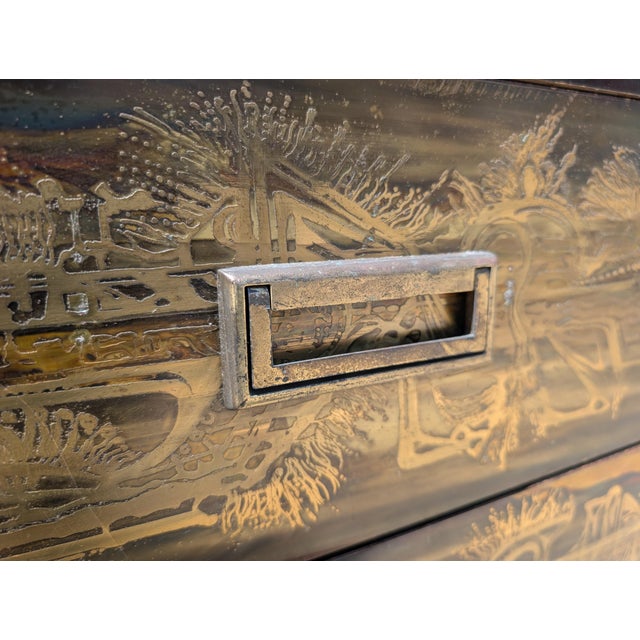 1970s Acid-Etched Brass & Ebony Lacquer Chest by Bernhard Rohne for Mastercraft For Sale In Los Angeles - Image 6 of 12