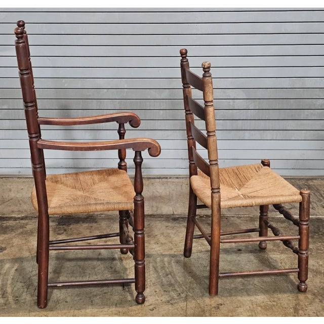 Wood Set of 6 Antique New England Ladderback Style Dining Chairs With Rush Seats For Sale - Image 7 of 8