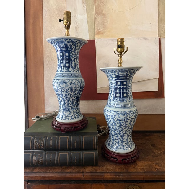 Vintage Blue and White Double Happiness Lamps Chinoiserie Decor - A Pair For Sale - Image 4 of 12