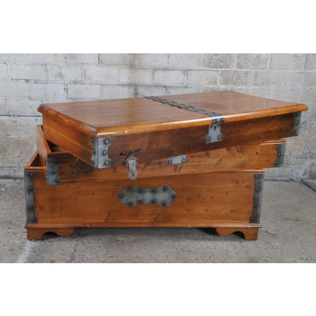 American Pine Campaign Style Banded Stacking Swivel Top Blanket Chest Storage Trunk For Sale - Image 11 of 12