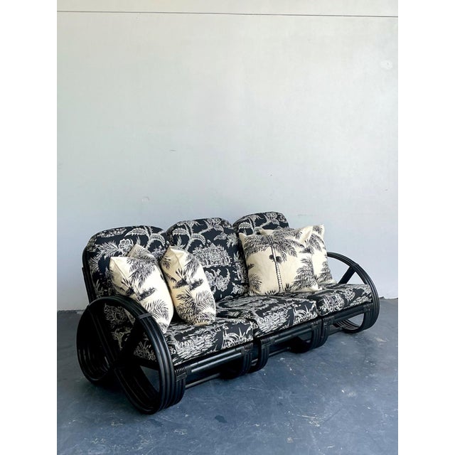 Paul Frankl Vintage Black Rattan Sofa in Quadrille “Royal Journey” For Sale - Image 4 of 18