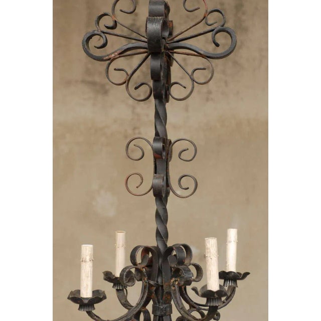 Mid-Century Modern Vintage 1950s French Four-Light Forged Iron Chandelier For Sale - Image 3 of 11