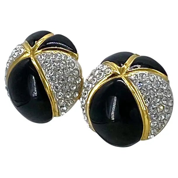 This is a pair of Essex couture designer runway clip-on earrings. The black enamel dome shaped earrings have pavé set...