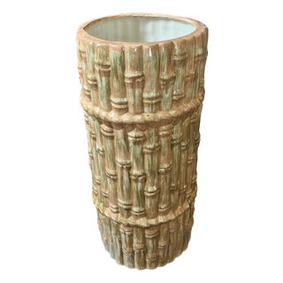 Mid 20th Century Hollywood Regency Majolica Faux Bamboo Umbrella Stand or Floor Vase, Palm Beach Style, 18" For Sale
