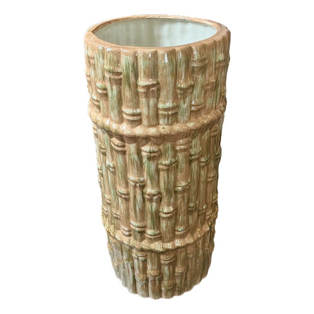 Mid 20th Century Hollywood Regency Majolica Faux Bamboo Umbrella Stand or Floor Vase, Palm Beach Style, 18" For Sale