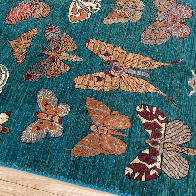 Teal Butterfly Moth Pictorial Hand-Knotted Wool Rug - 3'4" X 4'10" For Sale - Image 10 of 10