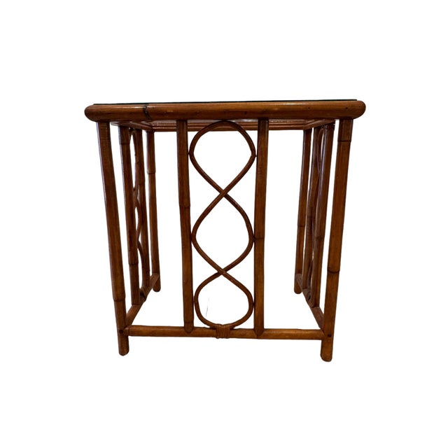 Vintage Burnt Bamboo Rattan Nesting Tables With Glass Tops, Set of 3, C. 1970s For Sale - Image 9 of 17