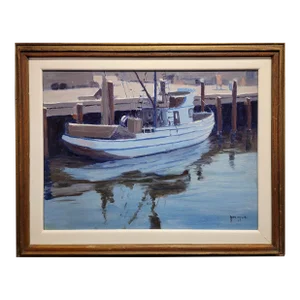 Don Miles - Fishing Boat in the Harbor - 1960s Oil Painting