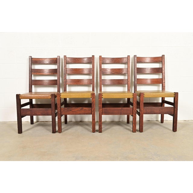 Mission Gustav Stickley Antique Mission Oak Arts & Crafts Ladder Back Dining Chairs, Set of Four For Sale - Image 3 of 9