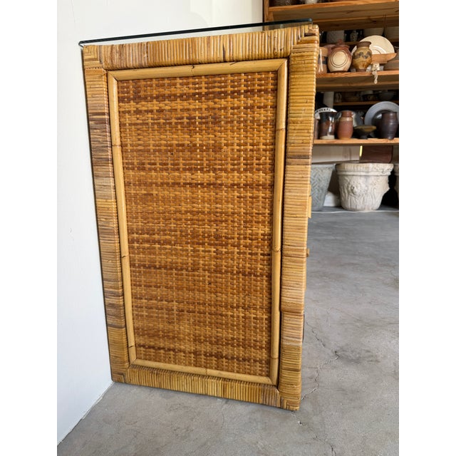 Vintage Coastal Woven Rattan Wrapped Cabinet With Wood Trim & Glass For Sale - Image 9 of 12