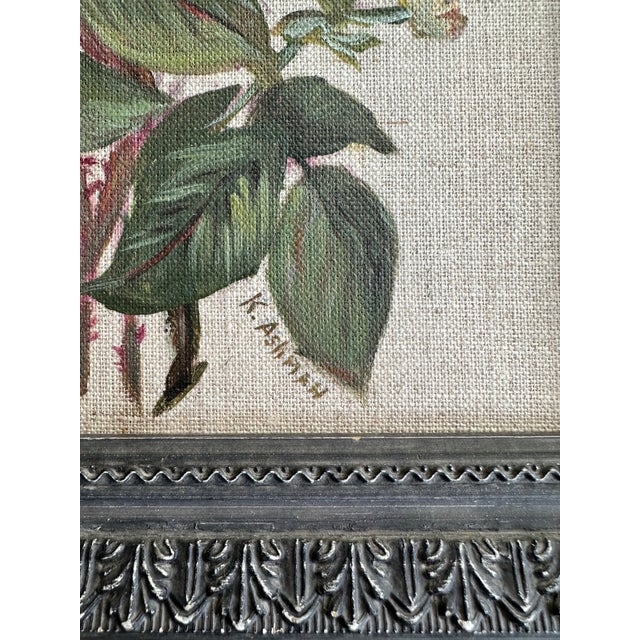 2020s ‘Vintage Garden” 8x10 Traditional Botanic Inspired Pink and Purple Floral Painting on Natural Linen Canvas Framed in Antique Style Black Frame. For Sale - Image 5 of 8