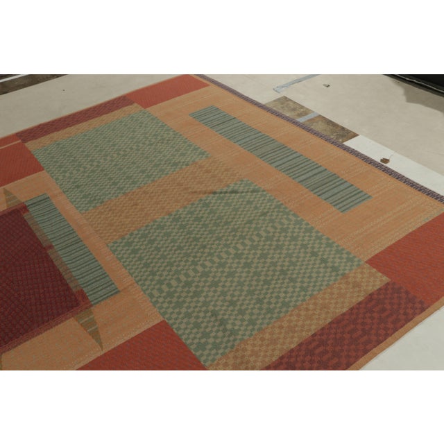Art Deco Vintage Art Deco Needlepoint Rug in Beige, Teal & Burnt Red Geometric Patterns For Sale - Image 3 of 7
