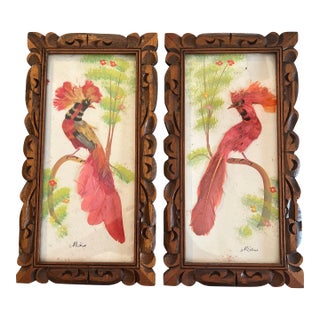 Original Boho Art of Mexican Feather Craft Birds. Vintage 1970’s. Pair. For Sale