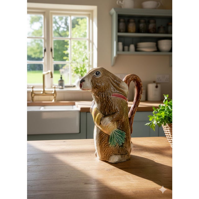 A rare French majolica barbotine rabbit pitcher by Orchies, circa 1890. Model number LP2 on reverse. This highly...