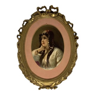 19th Century KPM Quality Portrait Painting on Porcelain of Gypsy Woman in Gilt Metal Frame For Sale