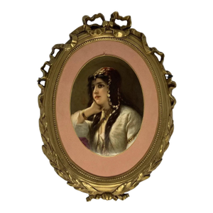 19th Century KPM Quality Portrait Painting on Porcelain of Gypsy Woman in Gilt Metal Frame
